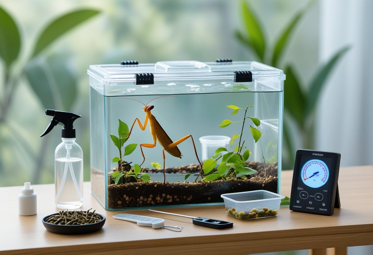 A praying mantis enclosure with natural plants, a mantis on a twig, and mantis care supplies arranged on a table.