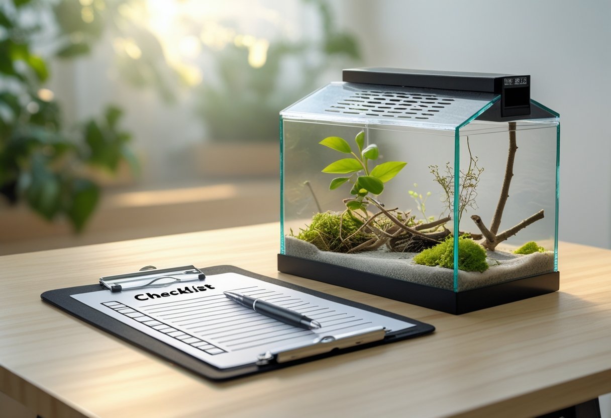 A mantis enclosure with natural habitat elements on a table next to a clipboard with a checklist and pen.
