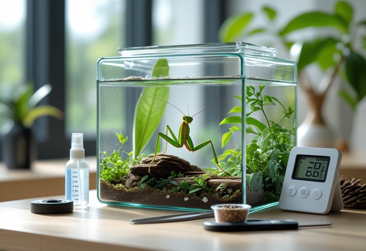 A praying mantis perched inside a glass terrarium with green plants and branches, surrounded by setup tools like a spray bottle, thermometer, insect food container, and tweezers on a wooden table.