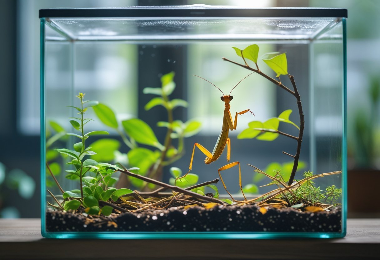 A praying mantis perched on a branch inside a glass terrarium with green plants and natural habitat elements.