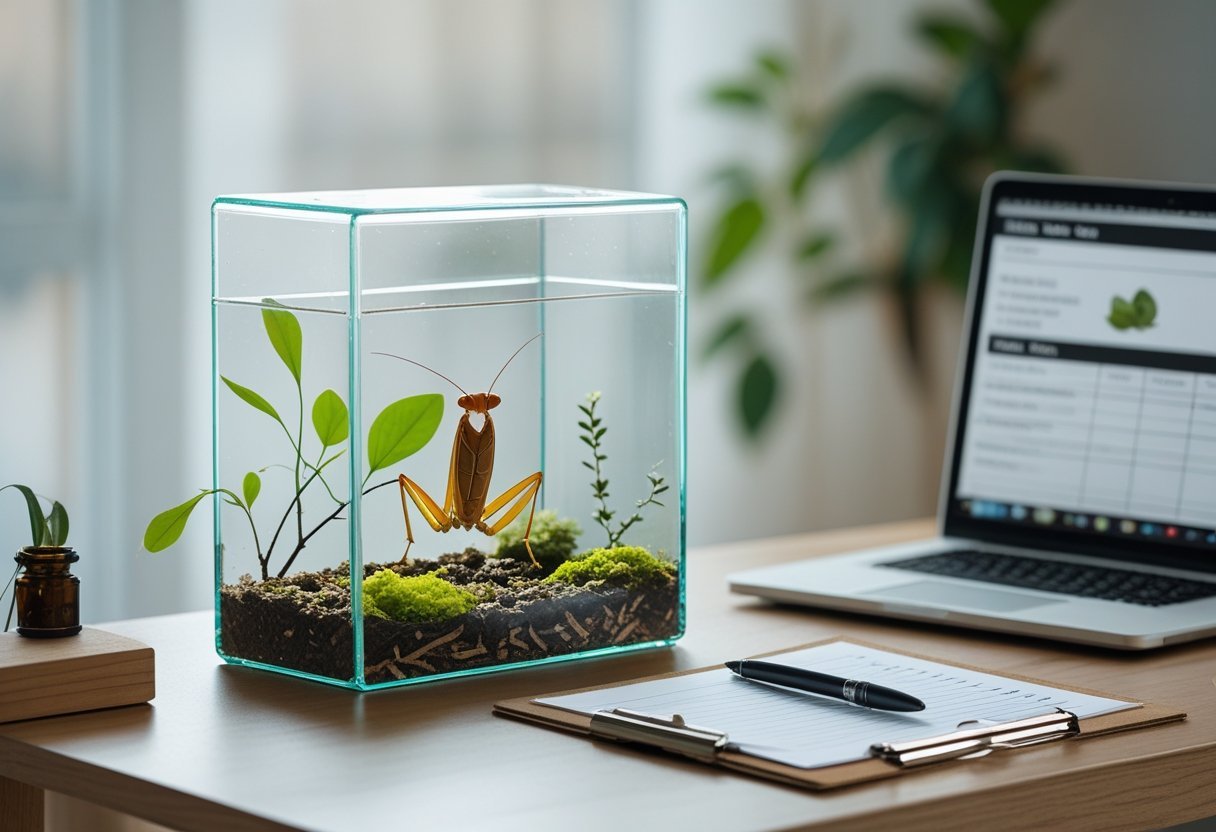 A glass mantis enclosure with natural plants on a desk next to a checklist clipboard and a laptop in a calm indoor setting.