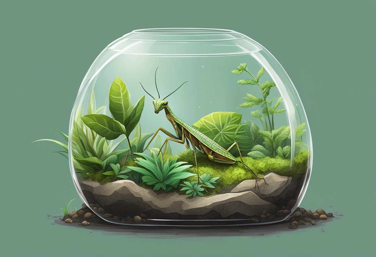 A lush terrarium with live plants, soil, and natural decor. A mantis perches on a branch, surrounded by thriving bioactive substrate