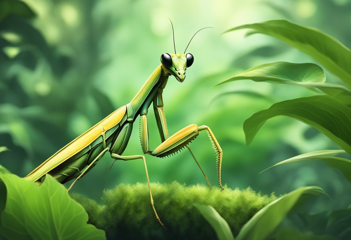 A mantis perched on lush foliage in a terrarium, basking in warm, natural lighting with a carefully controlled photoperiod