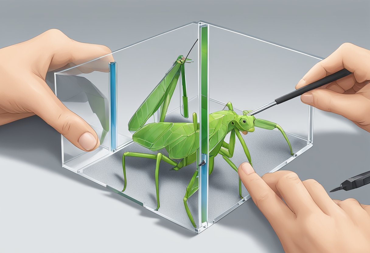 A person assembling a clear acrylic mantis enclosure, carefully measuring and cutting the pieces, then using adhesive to secure them together
