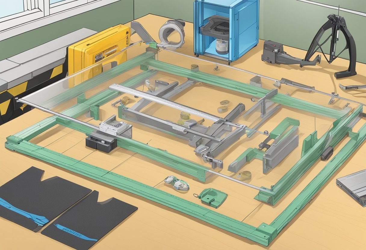 A table with various tools, acrylic sheets, and measuring tape laid out for building a custom mantis enclosure