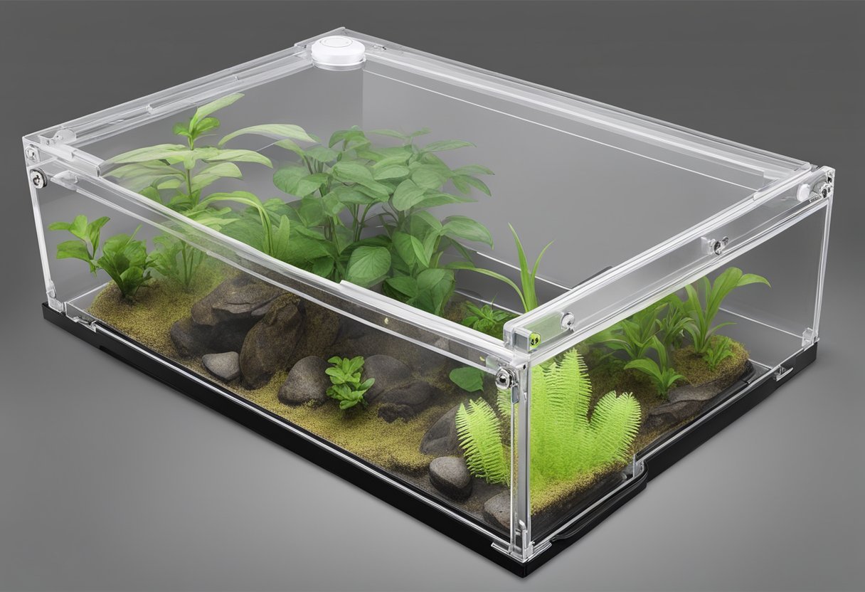 A custom acrylic mantis enclosure with built-in ventilation and humidity control, featuring a hinged lid and adjustable vents