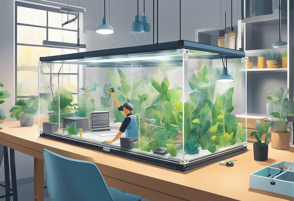 A person constructing a custom acrylic mantis enclosure, measuring, cutting, and assembling the clear panels with tools and safety equipment in a well-lit workspace