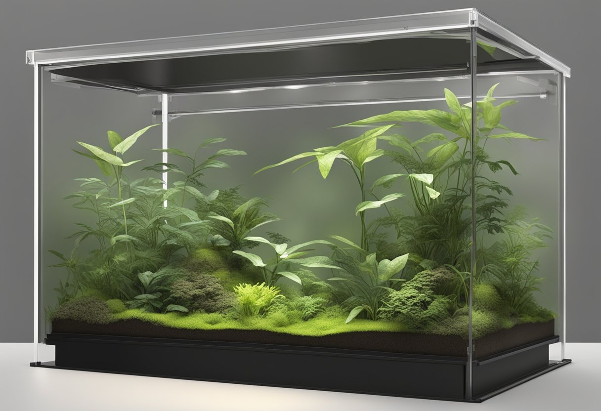 A spacious, well-lit room with a custom-built acrylic mantis enclosure. The enclosure is decorated with natural elements and provides ample space for the mantis to move and thrive