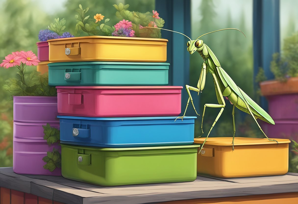 A mantis perches on a stack of colorful upcycled containers, each uniquely designed and repurposed into a safe and stylish home