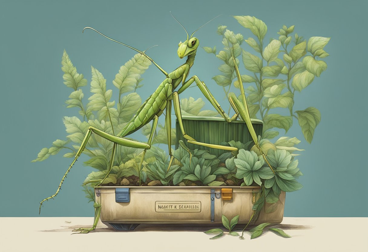 A mantis perches on a stylish upcycled container, surrounded by safe and sustainable habitat features
