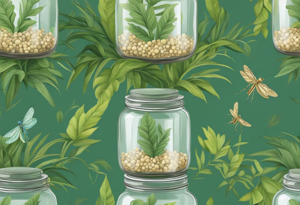 A mantis perches on a leafy branch inside a repurposed glass jar, surrounded by lush greenery and small twigs. The jar is adorned with decorative elements, providing a safe and stylish home for the insect