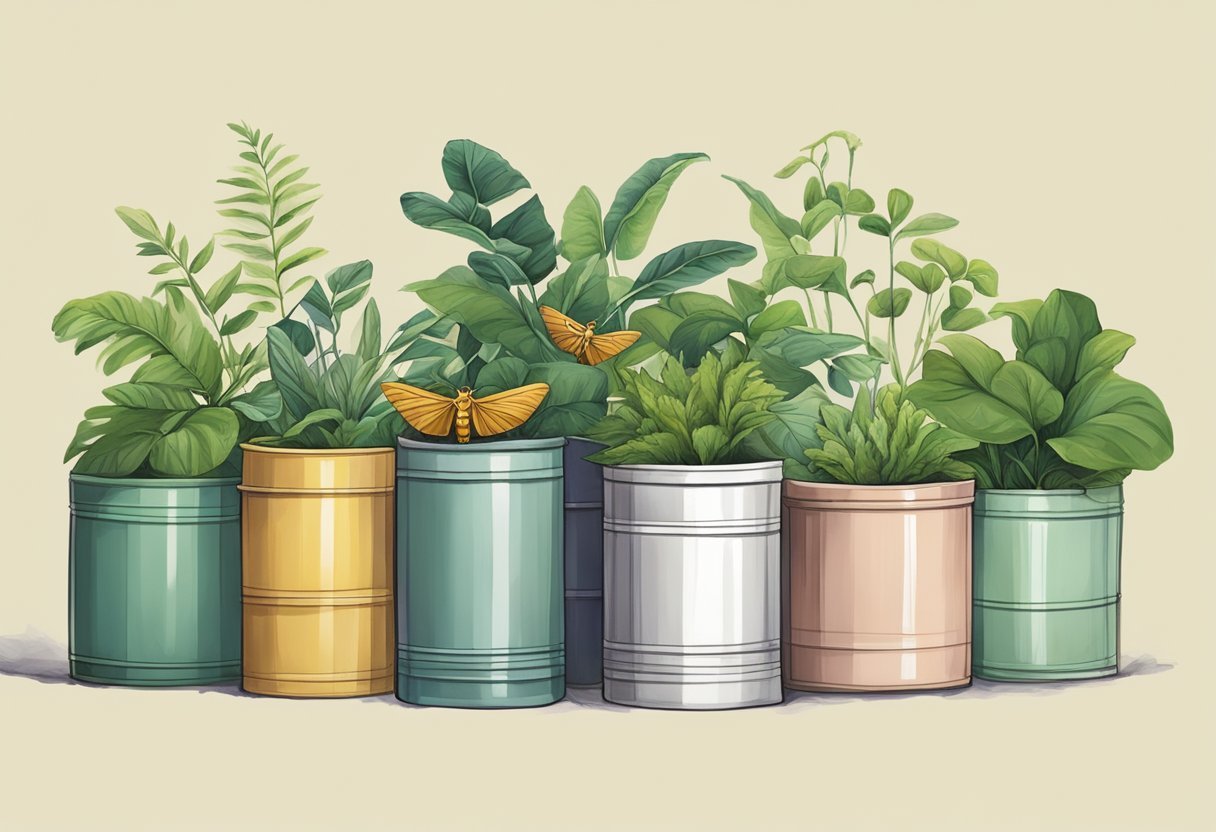 A group of mantises comfortably residing in creatively upcycled containers, surrounded by lush greenery and thriving in a healthy environment