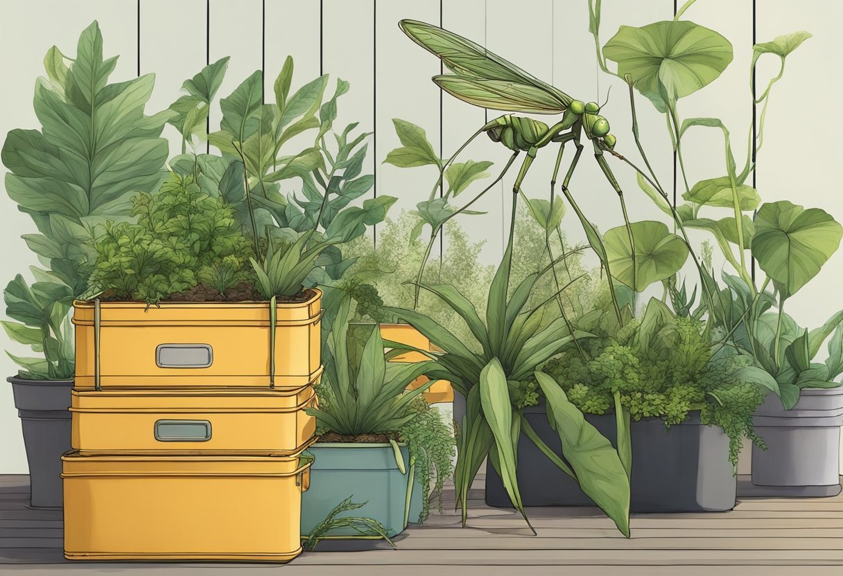 A mantis comfortably resides in a repurposed container, surrounded by plants and natural elements. The container is creatively upcycled, providing a safe and stylish home for the mantis